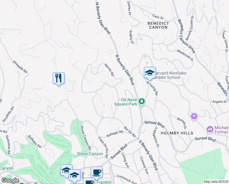 map of restaurants, bars, coffee shops, grocery stores, and more near 501 Saint Cloud Road in Los Angeles