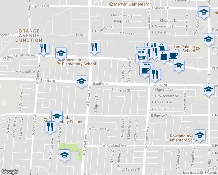map of restaurants, bars, coffee shops, grocery stores, and more near 16121 East Elgenia Street in Covina