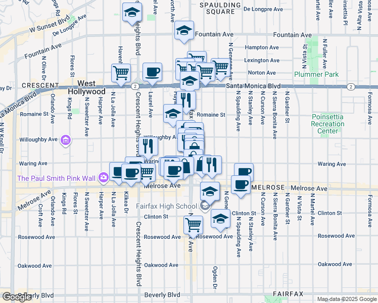map of restaurants, bars, coffee shops, grocery stores, and more near 801 North Fairfax Avenue in West Hollywood