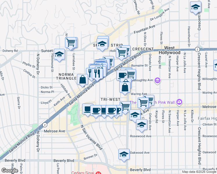 map of restaurants, bars, coffee shops, grocery stores, and more near 842 Westbourne Drive in West Hollywood