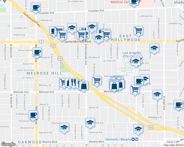 map of restaurants, bars, coffee shops, grocery stores, and more near 849 Mariposa Avenue in Los Angeles
