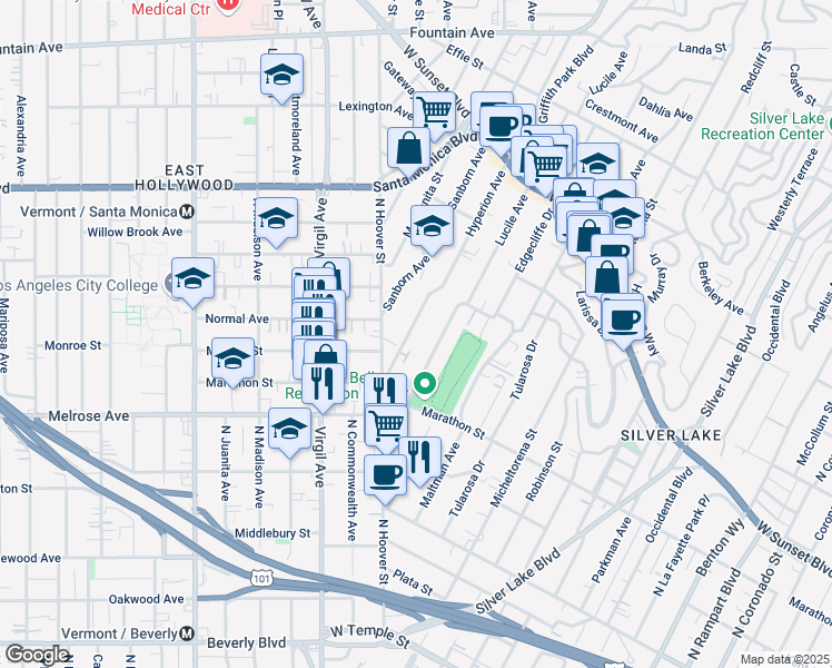 map of restaurants, bars, coffee shops, grocery stores, and more near 923 Lucile Avenue in Los Angeles