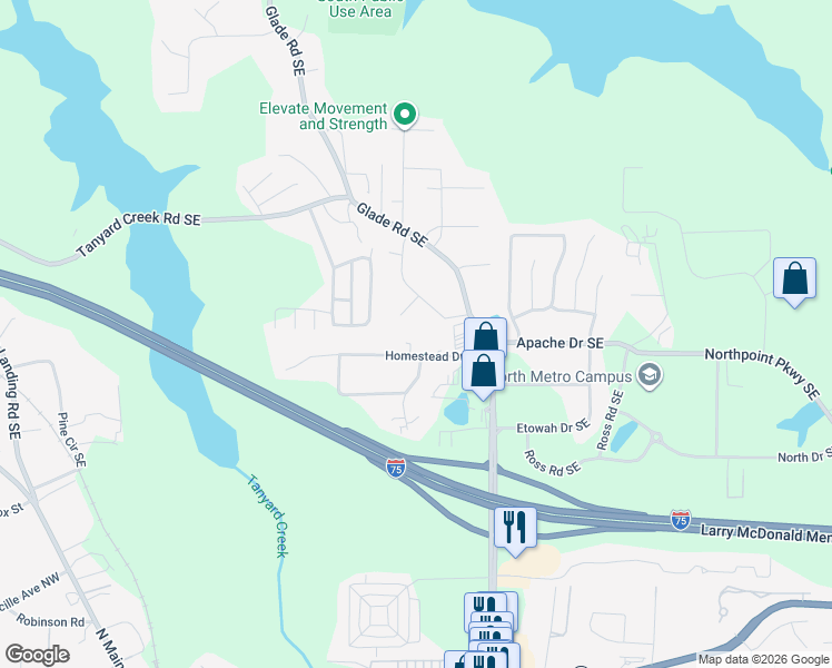 map of restaurants, bars, coffee shops, grocery stores, and more near 4471 Timberland Circle in Acworth