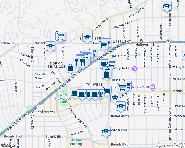 map of restaurants, bars, coffee shops, grocery stores, and more near 833 Westbourne Drive in West Hollywood