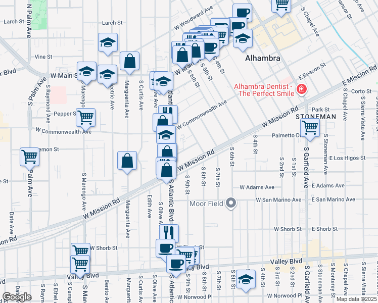 map of restaurants, bars, coffee shops, grocery stores, and more near 820 West Beacon Street in Alhambra