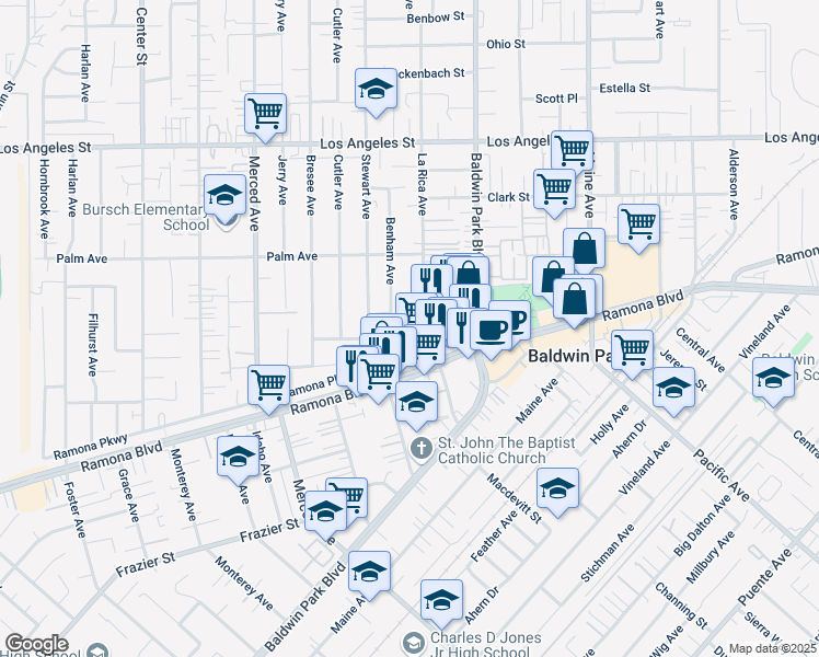 map of restaurants, bars, coffee shops, grocery stores, and more near 4031 La Rica Avenue in Baldwin Park