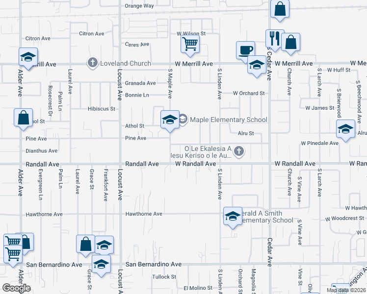 map of restaurants, bars, coffee shops, grocery stores, and more near 848 South Forest Avenue in Rialto
