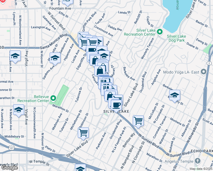 map of restaurants, bars, coffee shops, grocery stores, and more near 3204 Sunset Boulevard in Los Angeles