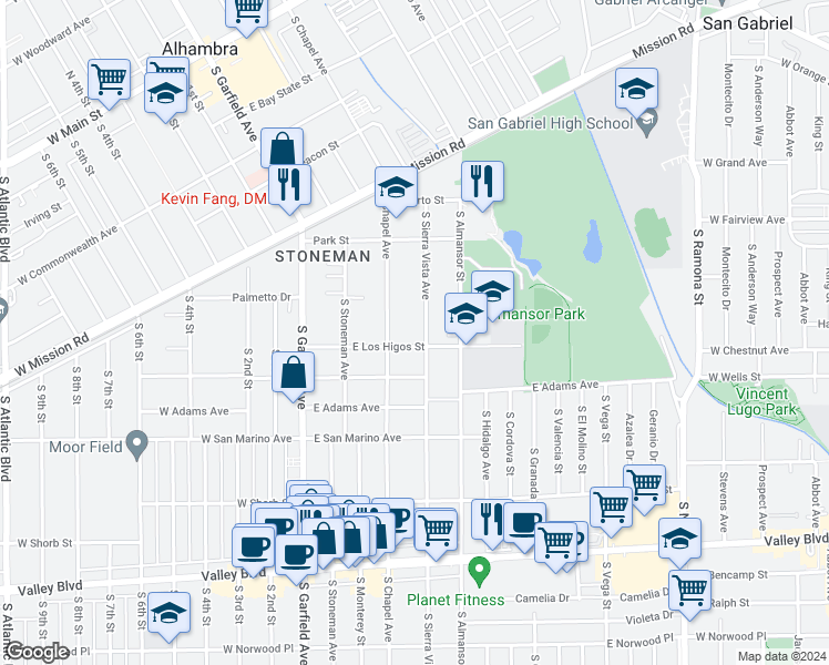 map of restaurants, bars, coffee shops, grocery stores, and more near 837 South Sierra Vista Avenue in Alhambra