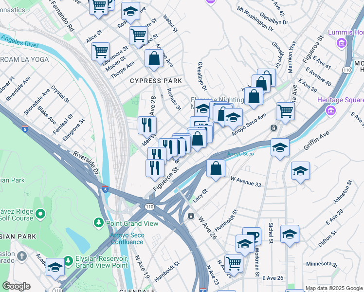 map of restaurants, bars, coffee shops, grocery stores, and more near 2835 3/4 Huron Street in Los Angeles