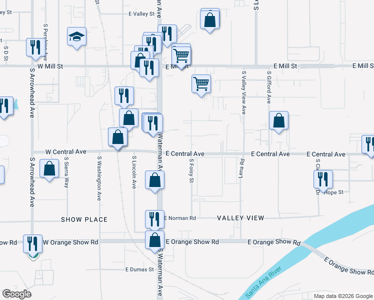 map of restaurants, bars, coffee shops, grocery stores, and more near 406 East Central Avenue in San Bernardino