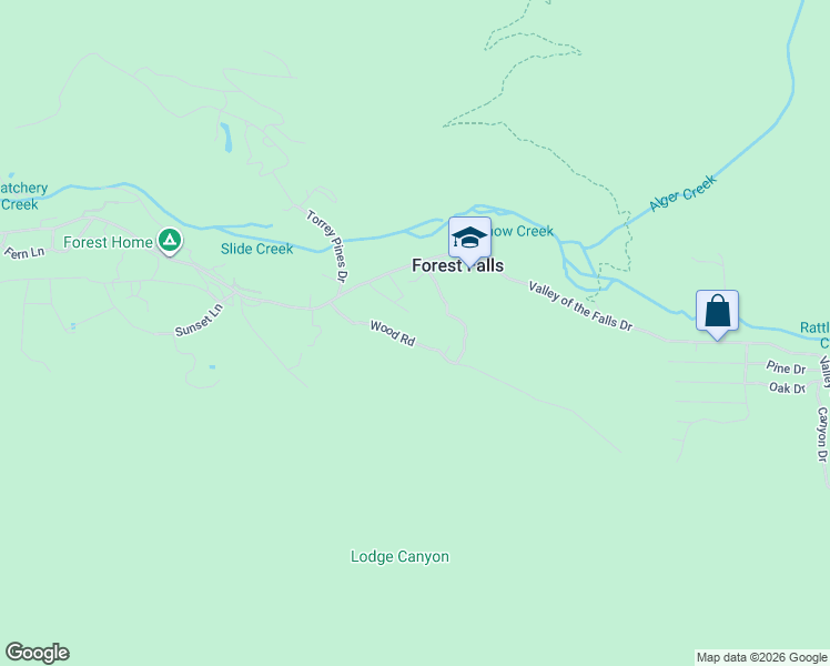 map of restaurants, bars, coffee shops, grocery stores, and more near 9229 Wood Road in Forest Falls
