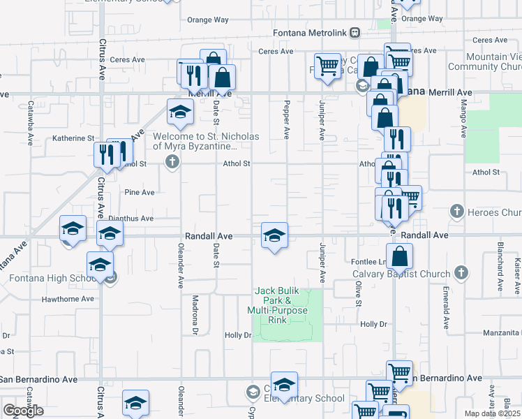 map of restaurants, bars, coffee shops, grocery stores, and more near 9233 Cypress Avenue in Fontana