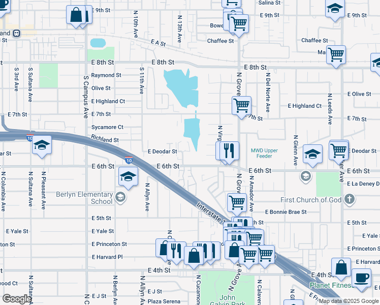 map of restaurants, bars, coffee shops, grocery stores, and more near 1525 North Holmes Avenue in Ontario