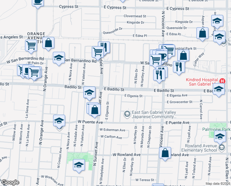 map of restaurants, bars, coffee shops, grocery stores, and more near 16121 East Elgenia Street in Covina