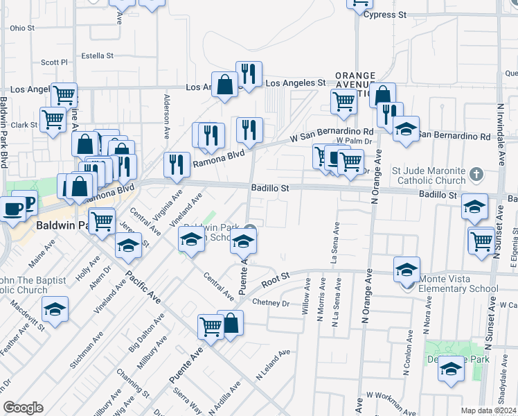 map of restaurants, bars, coffee shops, grocery stores, and more near 4028 Puente Avenue in Baldwin Park