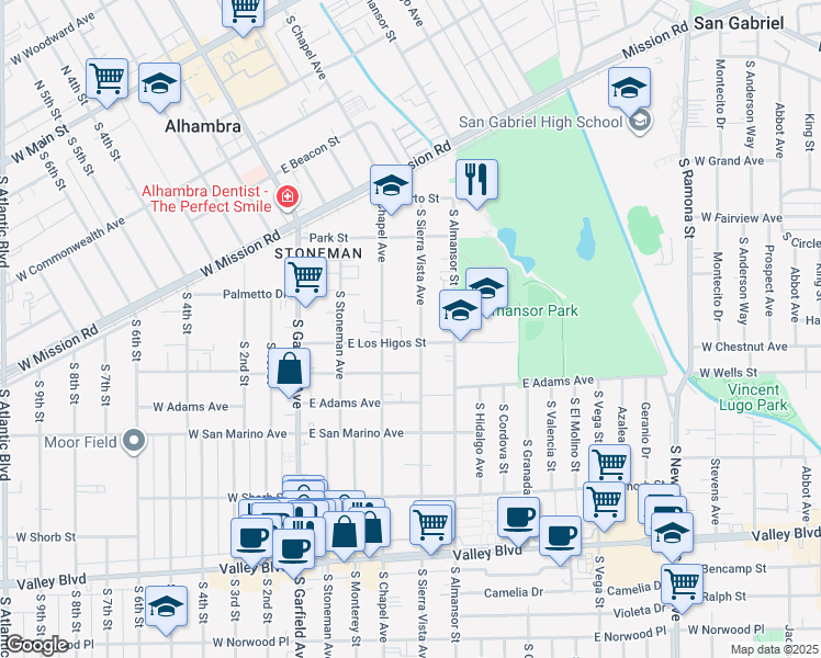 map of restaurants, bars, coffee shops, grocery stores, and more near 315 East Los Higos Street in Alhambra
