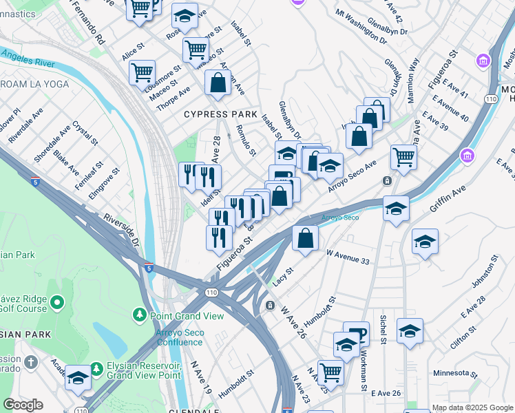 map of restaurants, bars, coffee shops, grocery stores, and more near 3207 North River Street in Los Angeles