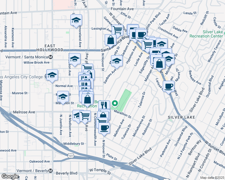 map of restaurants, bars, coffee shops, grocery stores, and more near 923 Lucile Avenue in Los Angeles