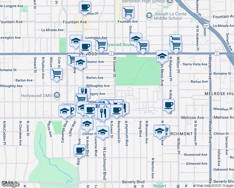 map of restaurants, bars, coffee shops, grocery stores, and more near 5555 Melrose Avenue in Los Angeles