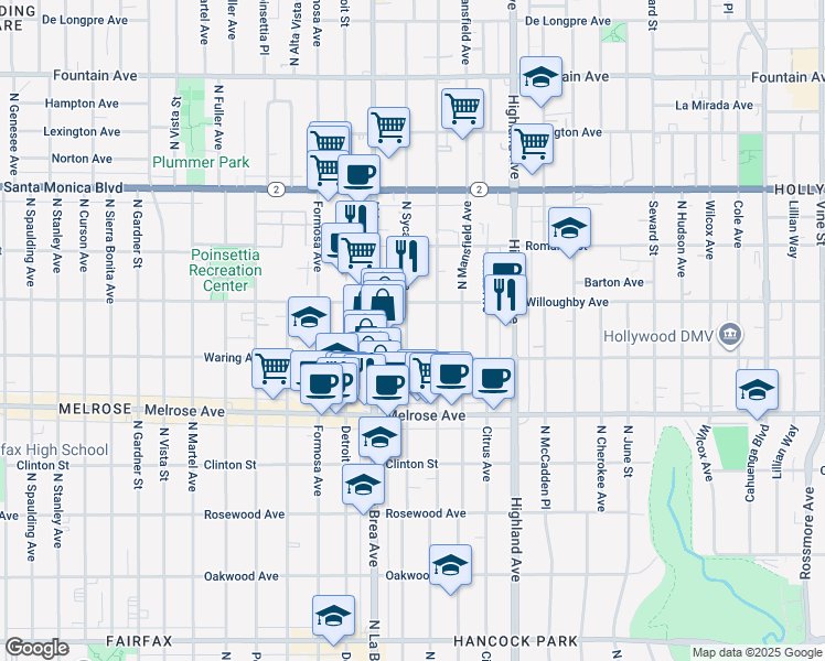 map of restaurants, bars, coffee shops, grocery stores, and more near 824 North Sycamore Avenue in Los Angeles