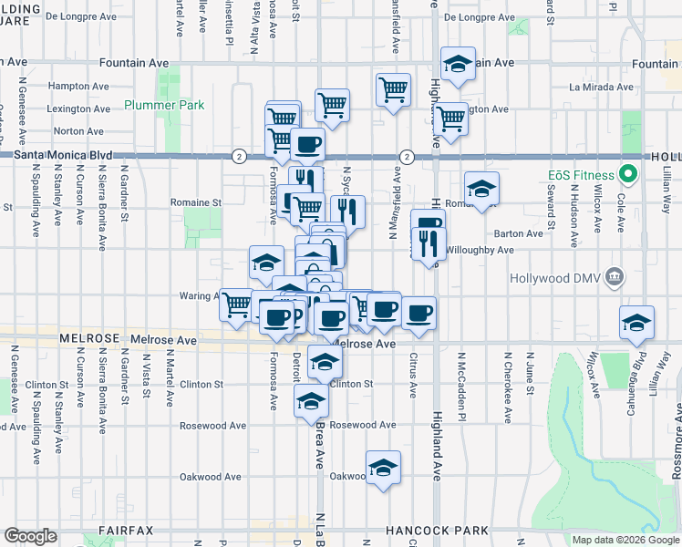 map of restaurants, bars, coffee shops, grocery stores, and more near 824 North Sycamore Avenue in Los Angeles