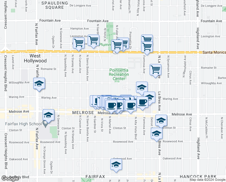 map of restaurants, bars, coffee shops, grocery stores, and more near 823 North Fuller Avenue in Los Angeles