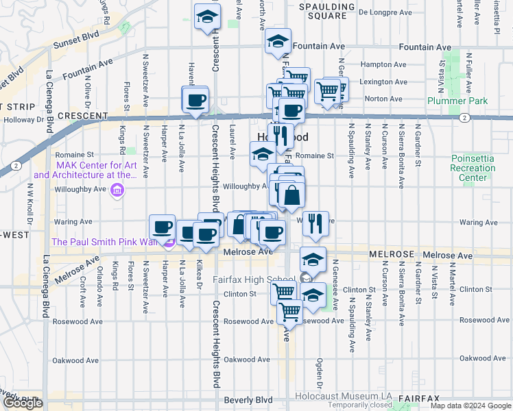 map of restaurants, bars, coffee shops, grocery stores, and more near 812 North Edinburgh Avenue in Los Angeles