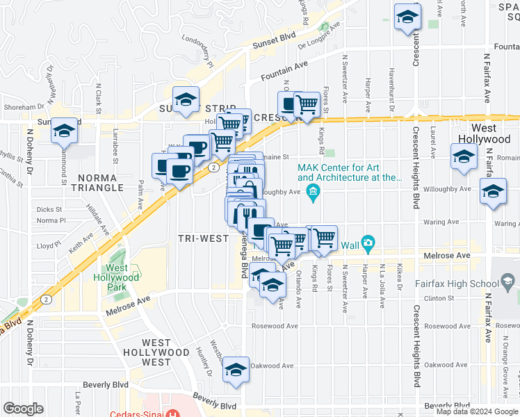 map of restaurants, bars, coffee shops, grocery stores, and more near 821 North Alfred Street in Los Angeles