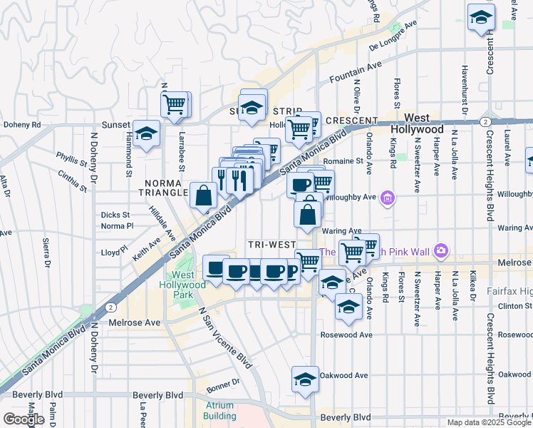 map of restaurants, bars, coffee shops, grocery stores, and more near 833 Westbourne Drive in West Hollywood