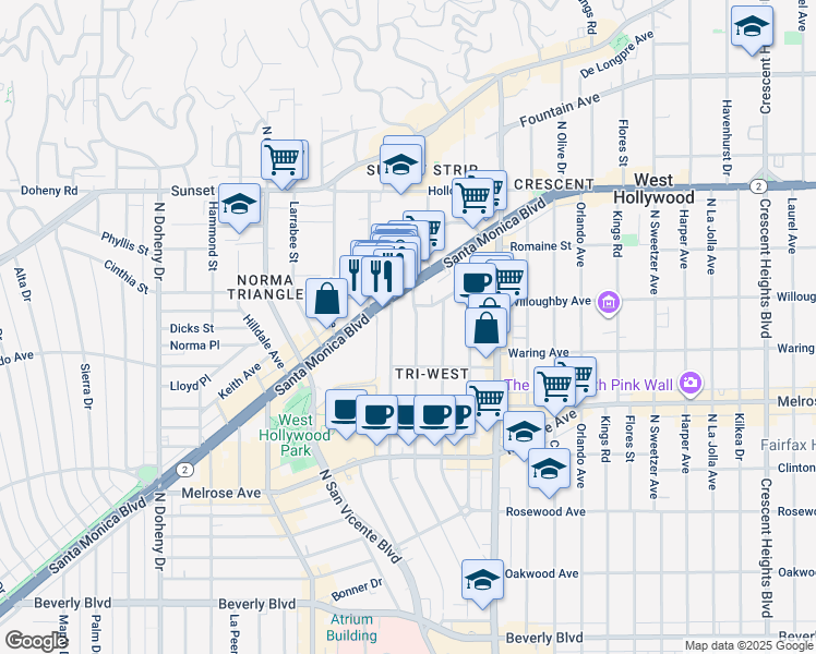 map of restaurants, bars, coffee shops, grocery stores, and more near 833 Westbourne Drive in West Hollywood