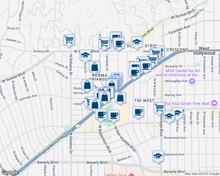 map of restaurants, bars, coffee shops, grocery stores, and more near 840 North San Vicente Boulevard in West Hollywood