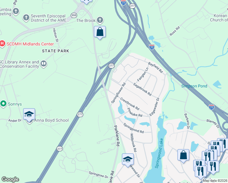 map of restaurants, bars, coffee shops, grocery stores, and more near 7710 Crestbrook Road in Columbia
