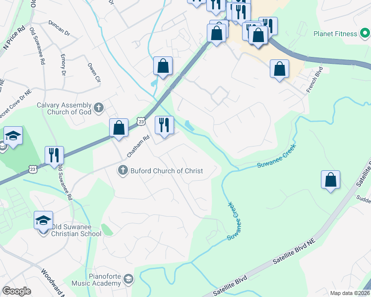 map of restaurants, bars, coffee shops, grocery stores, and more near 1387 Castleberry Drive in Buford