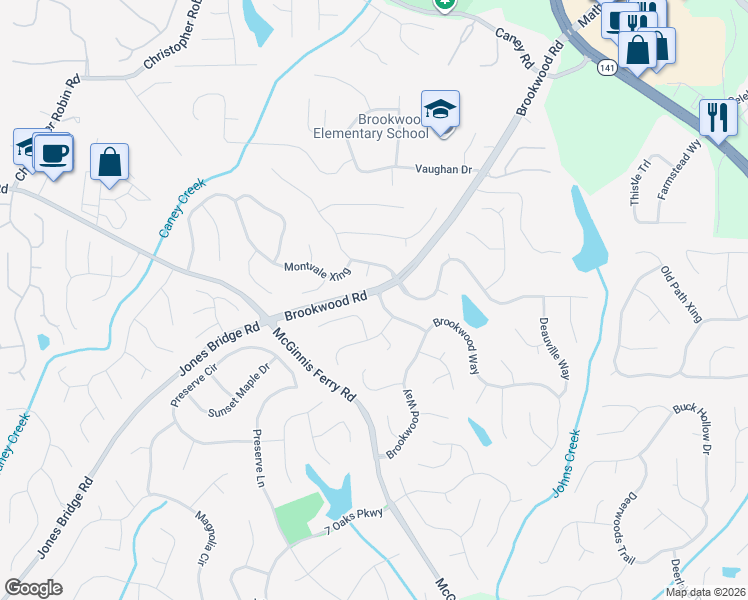 map of restaurants, bars, coffee shops, grocery stores, and more near 7545 Newstead Drive in Cumming