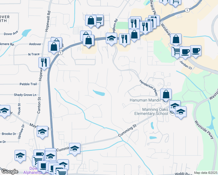map of restaurants, bars, coffee shops, grocery stores, and more near 355 Jayne Ellen Way in Alpharetta