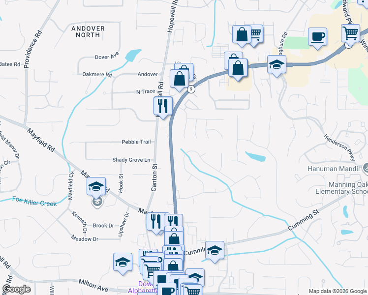 map of restaurants, bars, coffee shops, grocery stores, and more near 1900 North Creek Circle in Alpharetta
