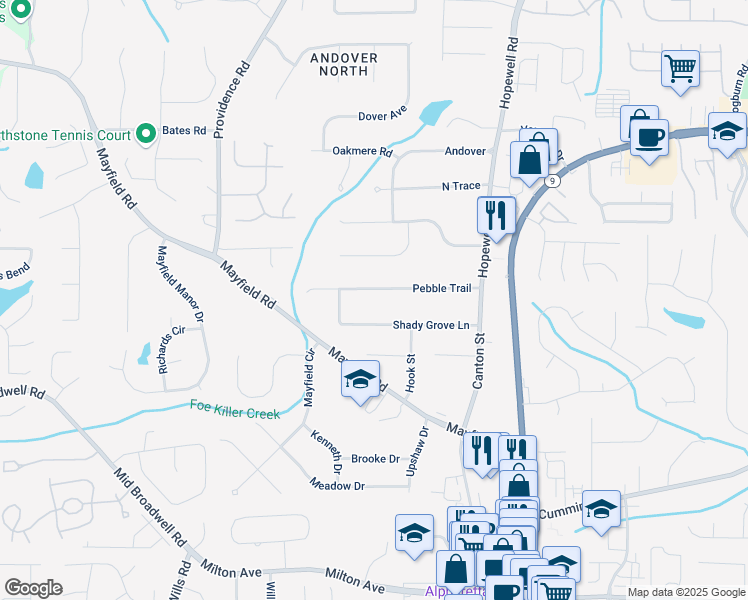 map of restaurants, bars, coffee shops, grocery stores, and more near 230 Pebble Trail in Alpharetta