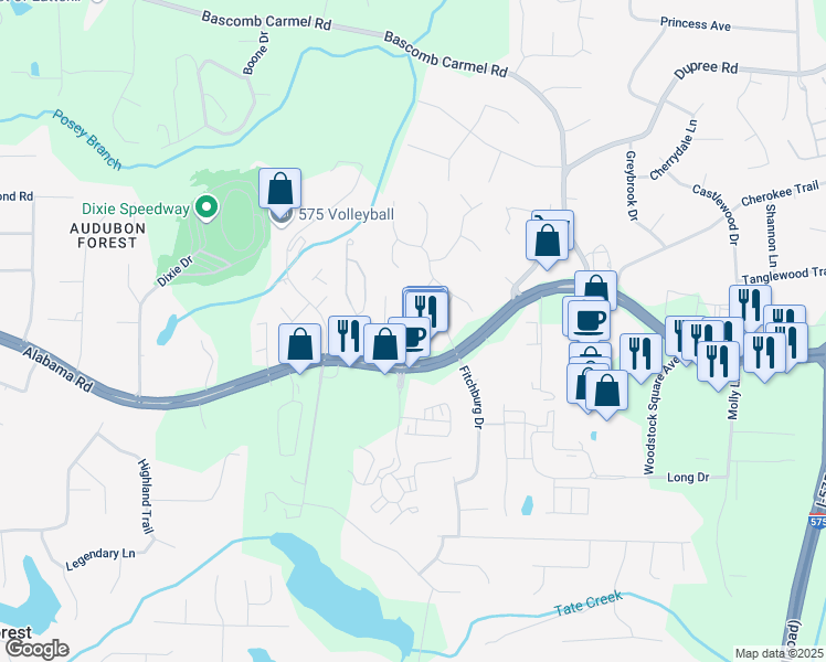 map of restaurants, bars, coffee shops, grocery stores, and more near 302 Woodson Way in Woodstock