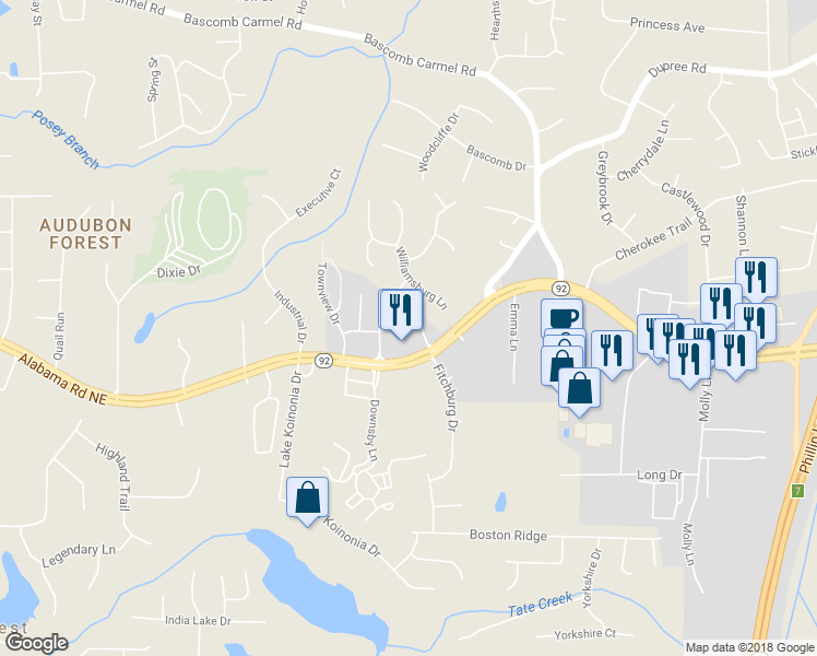 map of restaurants, bars, coffee shops, grocery stores, and more near 324 Woodson Way in Woodstock