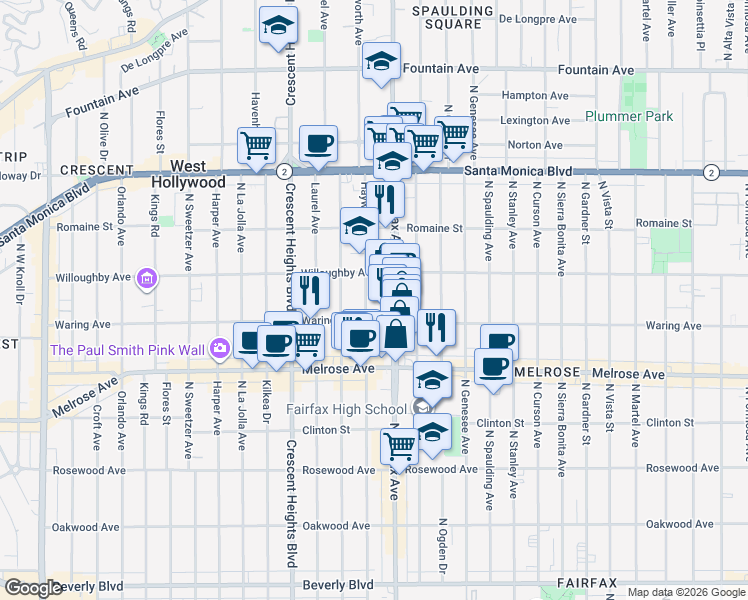map of restaurants, bars, coffee shops, grocery stores, and more near 801 North Fairfax Avenue in Los Angeles
