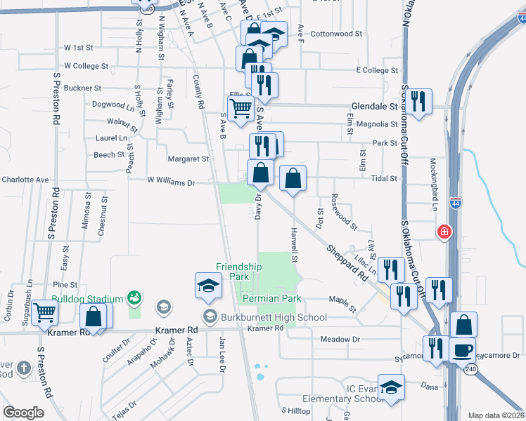 map of restaurants, bars, coffee shops, grocery stores, and more near 510 Davy Drive in Burkburnett