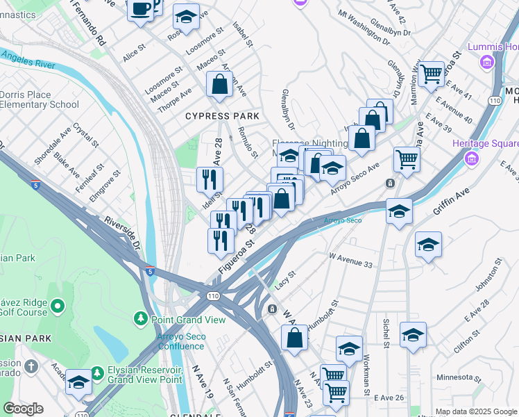 map of restaurants, bars, coffee shops, grocery stores, and more near 2835 1/2 Huron Street in Los Angeles