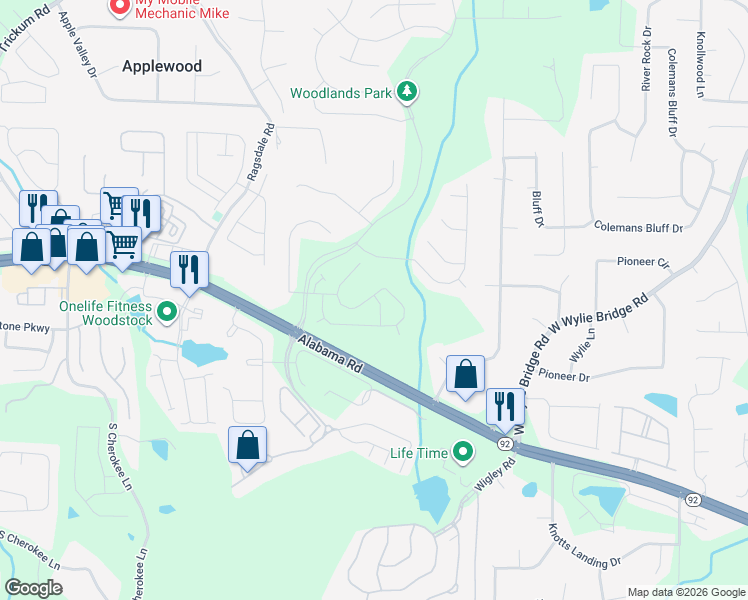 map of restaurants, bars, coffee shops, grocery stores, and more near 258 Balaban Circle in Woodstock