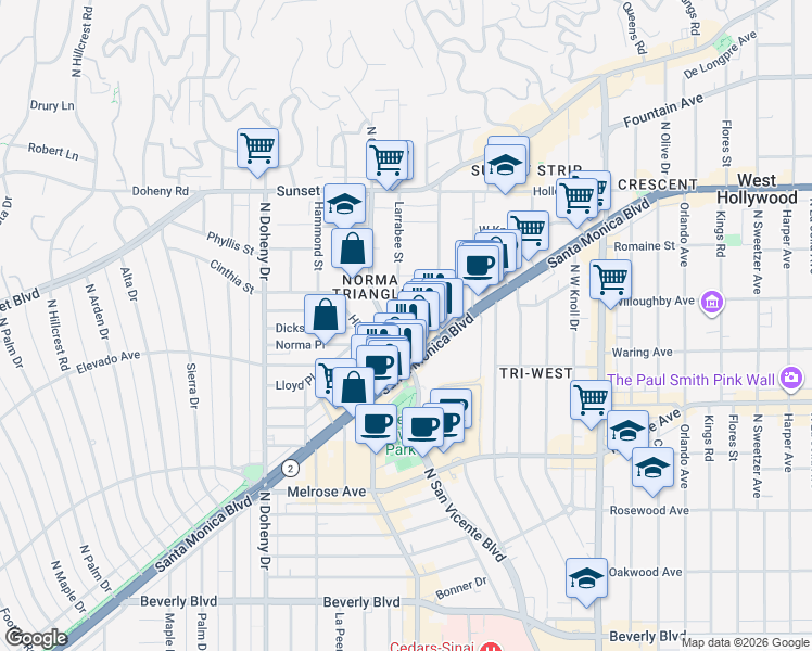 map of restaurants, bars, coffee shops, grocery stores, and more near 829 Larrabee Street in West Hollywood