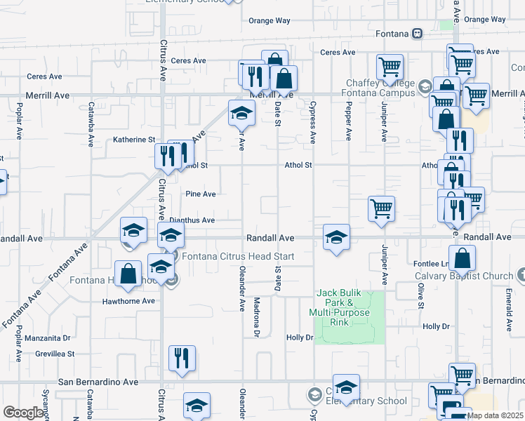 map of restaurants, bars, coffee shops, grocery stores, and more near 9240 Date Street in Fontana