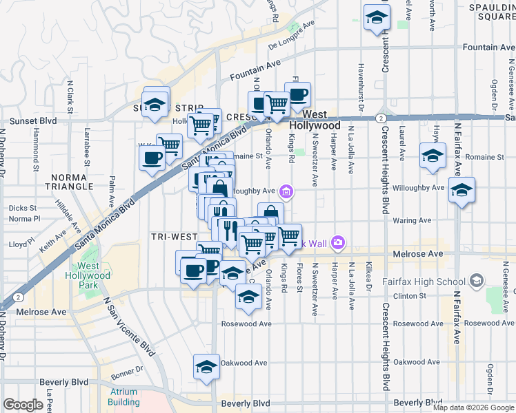 map of restaurants, bars, coffee shops, grocery stores, and more near 832 North Croft Avenue in Los Angeles