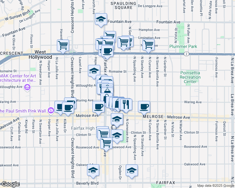 map of restaurants, bars, coffee shops, grocery stores, and more near 829 North Ogden Drive in Los Angeles