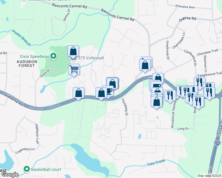 map of restaurants, bars, coffee shops, grocery stores, and more near 306 Woodson Way in Woodstock