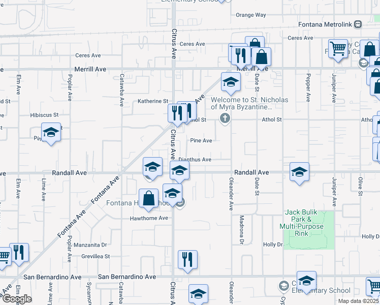 map of restaurants, bars, coffee shops, grocery stores, and more near 9221 Elwood Avenue in Fontana